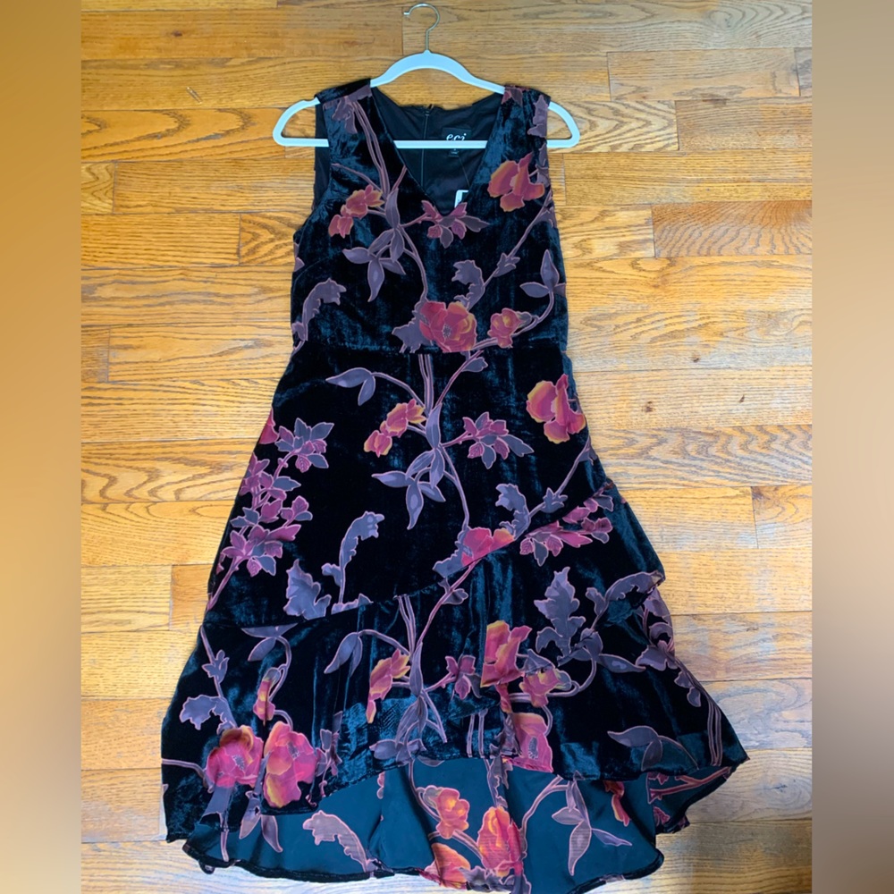 ECI midi dress. Colors are black, pink and orange. Size 8/M